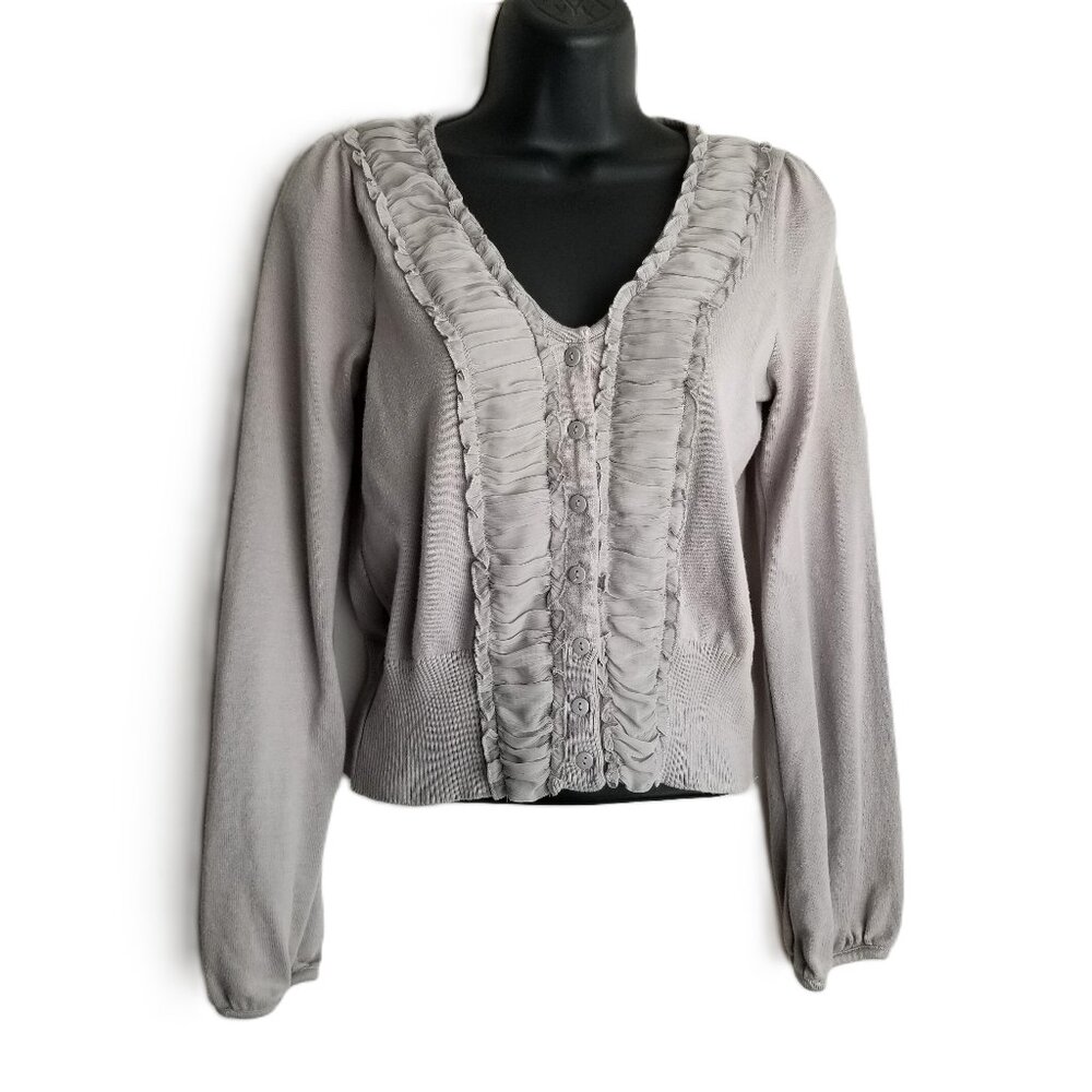 ELLE Womens Gray Ruched Button-Up Cardigan Sweater Cottagecore Soft Girl Size S